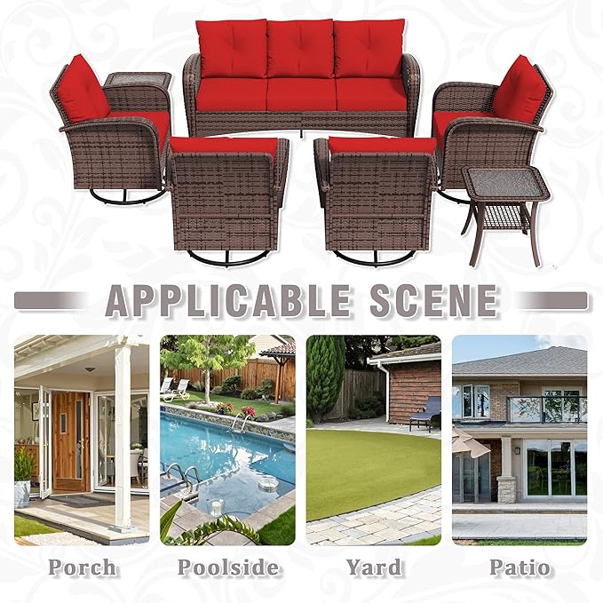 7 Piece Patio Conversation Set – 2 Swivel Rocking Chairs, 2 Coffee Tables & 3-Seater Sofa | PE Wicker Patio Sectional | Heavy-Duty Steel Frame & Weatherproof Cushions, Red