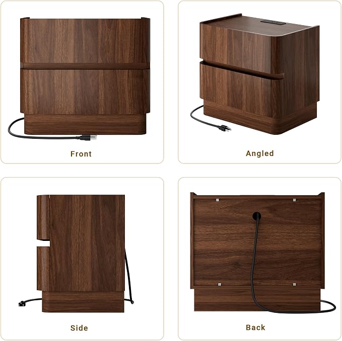 Night Stand Set 2, 23" Wide Nightstands Set of 2, Handleless 2 Drawer Nightstand with Charging Station, Walnut End Table w/Storage, Modern Wooden Bedside Table for Bedroom, Rounded Corners - Image 7