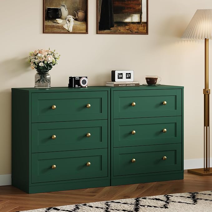 FansaFurn Large Nighstand Set of 2, Wood Night Stand with 3 Drawers, Wood Side Table with Golden Round Knobs, Modern End Table Chest of Drawers for Bedroom, Living Room, Hallway, Closet, Green by FansaFurn