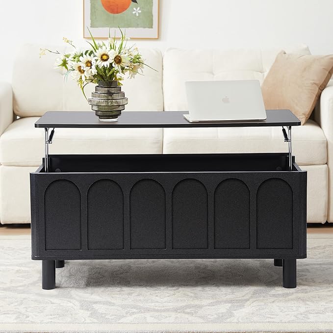 Lift Top Coffee Table with Arched Finish, Modern Coffee Table with Lifting Tabletop & Hidden Storage, Wood Center Table for Living Room,Convenient for Dining, Gaming or Working (Black)