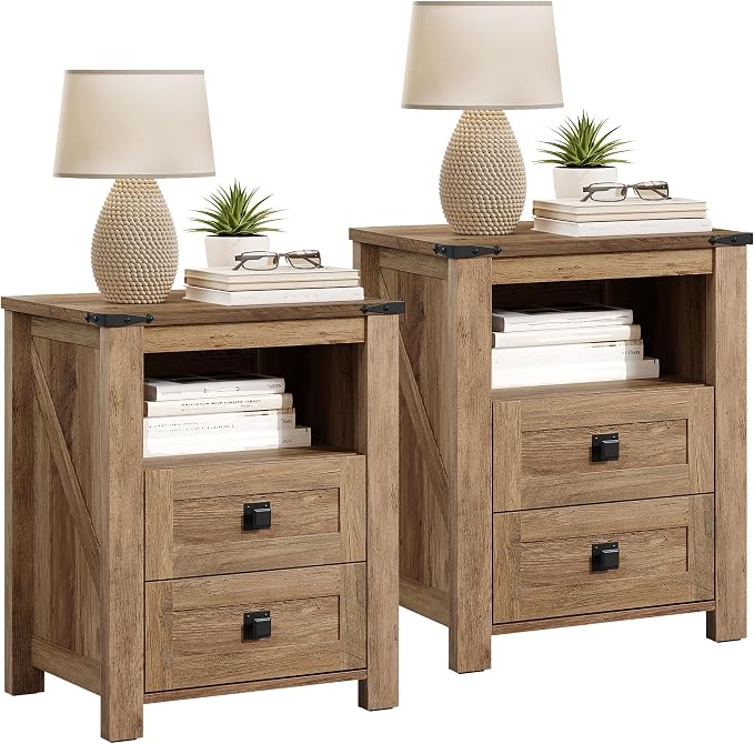 AMERLIFE 18" Farmhouse Nightstand Set of 2, Wooden Bedside Table with 2 Drawers & Open Shelf, Rustic Wood End Table for Bedroom or Living Room, Barnwood - Image 9