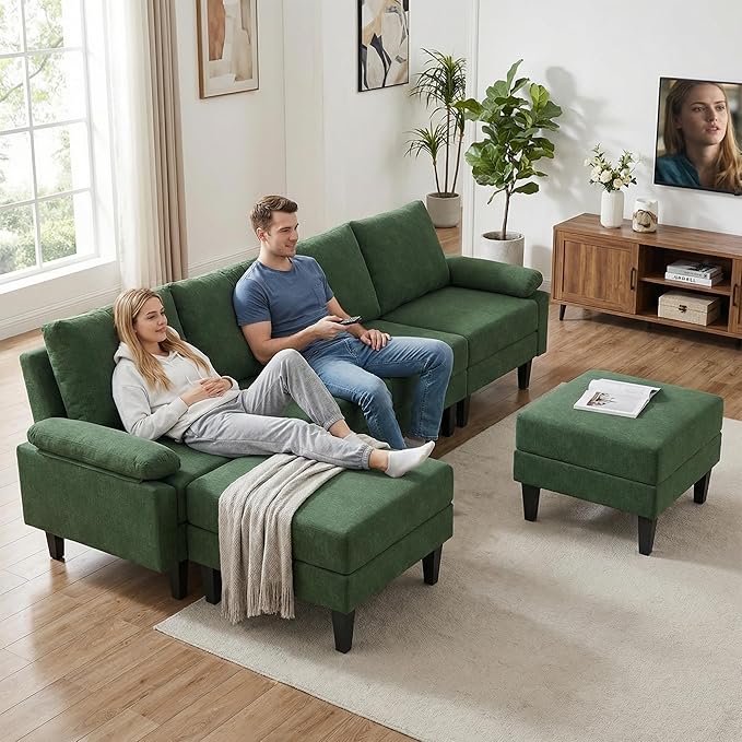 4-Seat U-Shaped Modular Sofa with Double Storage Ottoman - Space-Saving Convertible Lounge Couch for Home & Office, Green