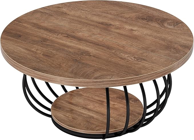 Tribesigns Round Coffee Table for Living Room, 39.4" Industrial Wooden 2-Tier Circle Accent Center Cocktail Table with Storage Shelf and Metal Frame, Rustic Brown & Black