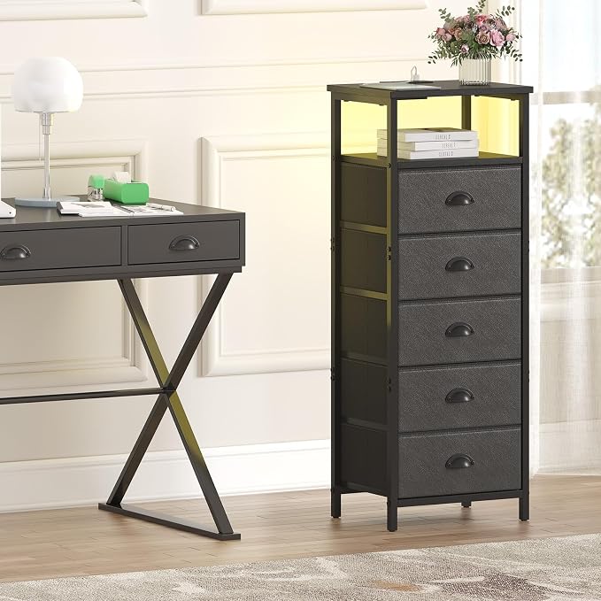 sthmec Nightstand with Charging Station,LED Black Nightstands with 5 Fabric Drawers PU Finish, Bedside End Tables, 2-Tier Open Storage Shelf Side Table Nightstand with Drawers for Bedroom, Black - Image 8