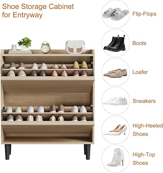GarveeHome Shoe Cabinet with 2 Flip Drawers, Wooden Shoe Organizer Cabinet with Adjustable Shelf, Shoe Storage for Entryway, Hidden Shoe Cabinet for Hallway, Living Room, Natural Oak - Image 7