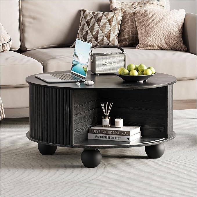 Round Coffee Table with Storage, 31.5" Mid Century Modern Coffee Table with Sliding Door & Bun Feet, Minimalist Fluted Center Table for Living Room, Home Small Space, Black