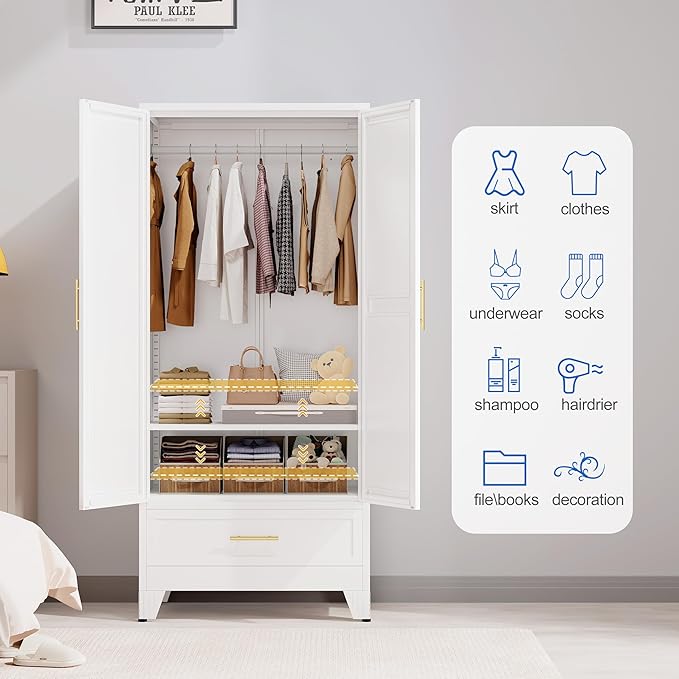 GAIOUS Steel Armoire Wardrobe Closet with Mirror Doors, 71" Household Wardrobe Cabinet with Hanging Rod and Drawer, Metal Clothing Storage Cabinet with Adjustable Shelf for Bedroom, Cloak, Gym(White)