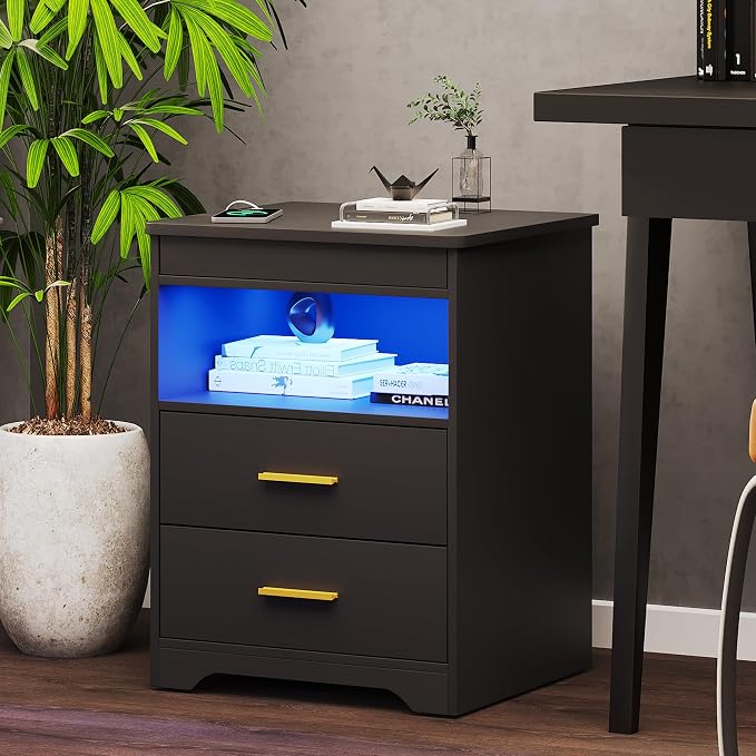 Nightstand Set of 2, Charging Bedside Table with USB & Type-C Port, LED Nightstand with Human Sensor Light, Modern End Table with Gun Drawers for Bedroom Office, Black - Image 7