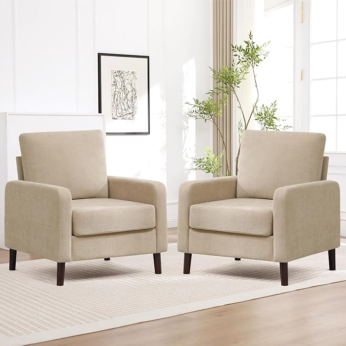 Accent Chair for Living Room, Modern Reading Chair for Bedroom, Upholstered Armchair with Wood Legs and Side Pockets, Single Sofa Side Chair for Office, Small Room, Apartment, Light Brown