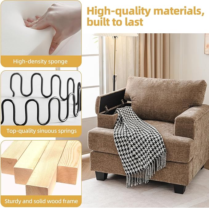 Oversized Living Room Chairs Set of 2,Comfy Accent Chair with Armrest Organizer,Upholstered Modern Armchair Thick Cushion,Big Reading Chair,Sofa Chair for Bedroom,Brown