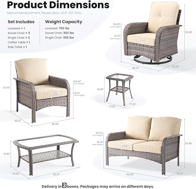 ovios 7-Piece Patio Furniture Set, Outdoor Wicker Sofa with Swivel Chairs Coffee Table, High Back Rattan Couch Loveseat with Comfy Cushions for Porch Yard Deck, Beige