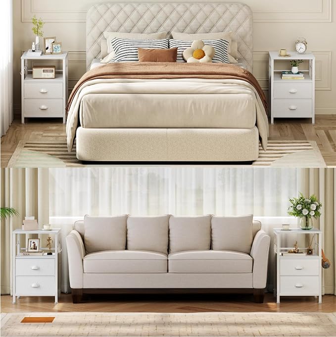 Furologee Nightstands Set of 2, End Table with 2 Fabric Drawers, Night Stand with 2 Hooks, Open Wood Shelf Bedside Table for Bedroom/Living Room/White - Image 8