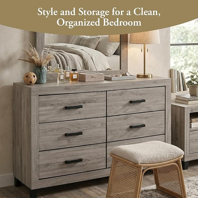 Kings Brand Furniture Napa Farmhouse 6-Piece Bedroom Set - Bed Frame with Headboard, Dresser and Mirror, Chest and 2 Nightstands (Queen)