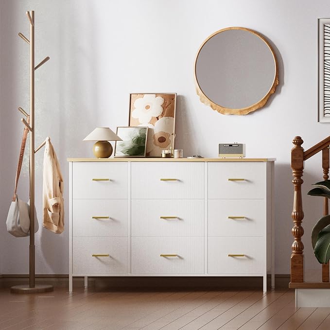VASICAR Wide TV Stand Modern TV Console, 9 Drawers Dresser for Bedroom, Fabric Storage Cabinet, Chest of Drawers for Closet, Nursery, Living Room(Classic White) - Image 7