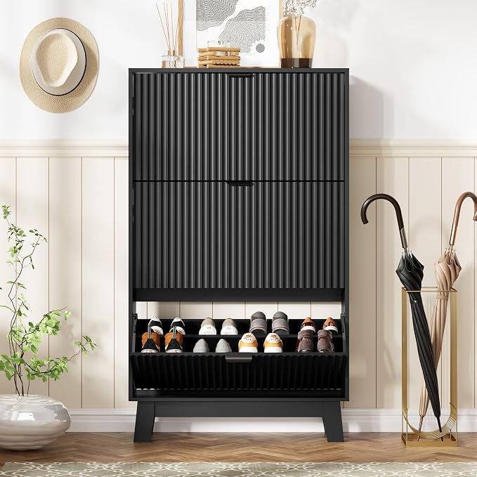 Shoe Cabinet Storage for Entryway with 3 Flip Drawers, Fluted Narrow Shoe Organizer with Wooden Legs, Freestanding Slim Shoe Storage Hidden Shoe Rack Organizer for Front Door Entrance, Hallway, Black - Image 7