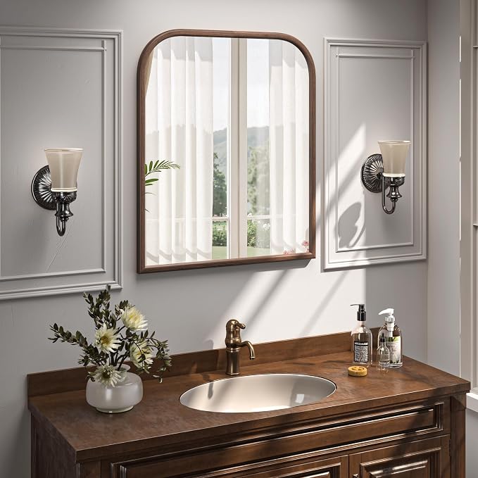 30"x36" Arch Wall Mirror for Wall, Wall Mounted Vanity Mirror for Bedroom, Wood Grain Finish Frame Mirror with Tempered Glass, Vintage Decorative for Bathroom, Entryway, Living Room, Walnut - Image 8