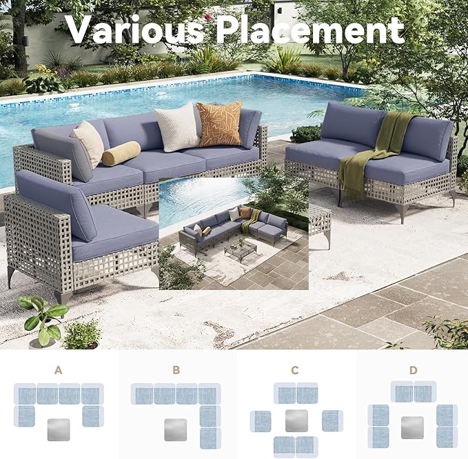 U-MAX 7-Piece Patio Furniture Set with Tea Table, Boho Outdoor Furniture Set Sectional Sofa Wicker Conversation Set, Grey Rattan&Blue