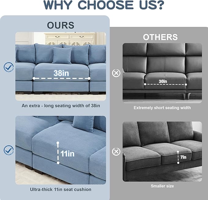 KEIKI 130" U-Shaped Oversized Corduroy Modular Cloud Sectional Sofa with 2 Ottoman, High-Density Foam Cushion, Extra-Thick Armrest, 3-Seater Fluffy Corner Couch with 9 Pillow, for Living Room, Blue