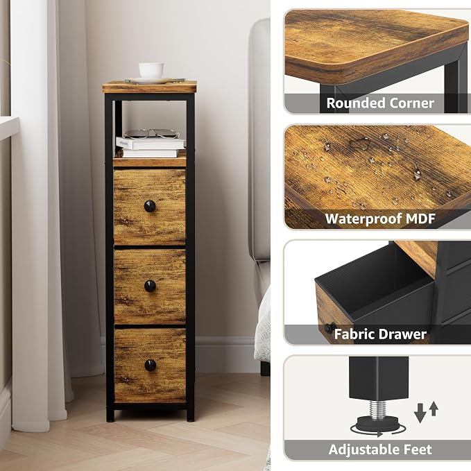 KLUVIS Narrow Night Stand Set 2 - Nightstand with 3 Drawers Skinny Bedsides Tables for Small Space Dresser for Bedroom Living Room Slim Side Table, Farmhouse Brown - Image 8