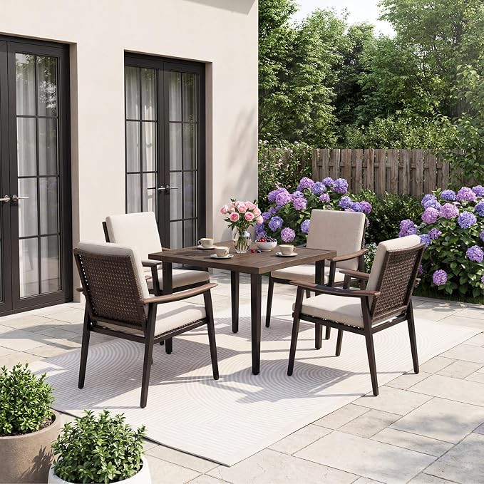 Natural Expressions Outdoor Dining Set,Patio Table and Chairs Set with 4 Wicker Rattan Chairs with Cushion, 5 Piece Patio Dining Set for 4,36.6" Woodgrain Table,1.65" Umbrella Hole,Patio Sets for Yard - Image 8