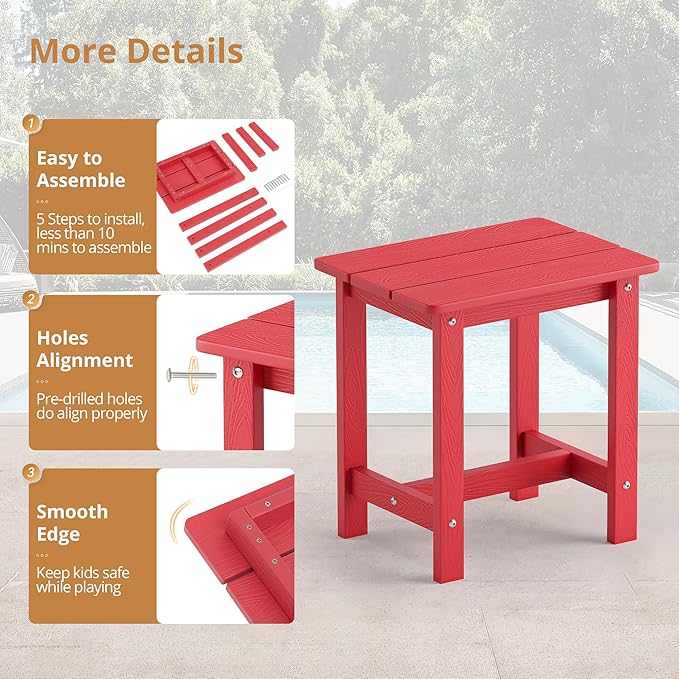 LUE BONA Outdoor Side Table, HDPS Small Outdoor Adirondack Side Tables, Outside End Table for Patio, Porch, Deck, Pool, Weather Resistant/Easy Maintenance, Bright Red - Image 7