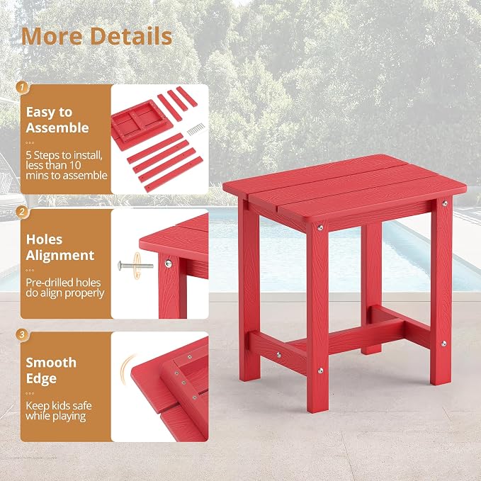 LUE BONA Outdoor Side Table, HDPS Small Outdoor Adirondack Side Tables, Outside End Table for Patio, Porch, Deck, Pool, Weather Resistant/Easy Maintenance,Bright Red - Image 7