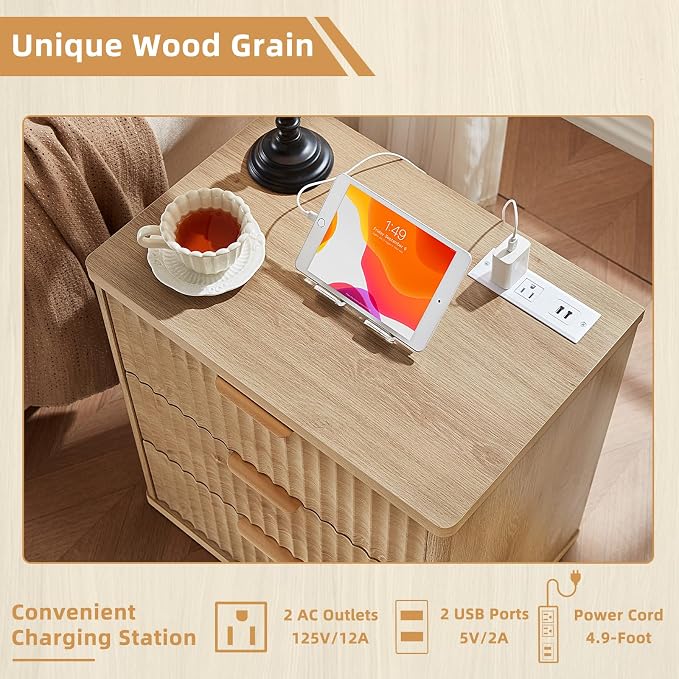 LEYAOYAO 23" Wide Fluted Farmhouse Night Stand Set of 2 with Charging Station, 3 Drawers Large End Table w/Metal Handle, Natural Nightstand Bedside Table,Wood Dresser for Bedroom, Closet - Image 9