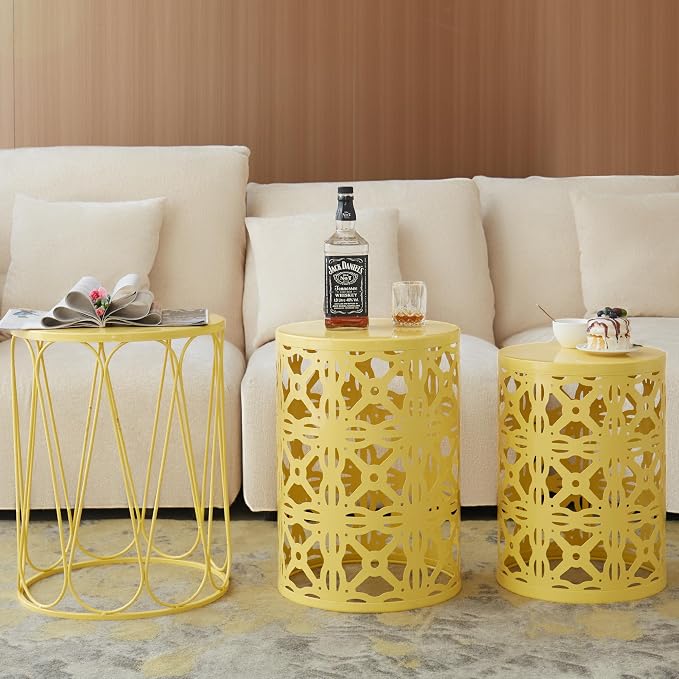 Y&M Set of 3 Round Heavy-Duty Side Table End Table, Outdoor Decorative Garden Stool Plant StandCoffee Table for Indoor Multifunctional Use,-Yellow(Ship from US) - Image 8
