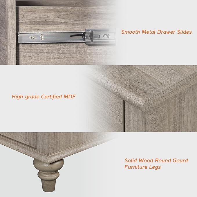 WAMPAT 2 Piece Bedroom Set - Includes 7 Drawer Dresser for Bedroom, Farmhouse Nightstand with Charging Station & Drawers, 2 Piece Dresser and Nightstand Sets, Grey