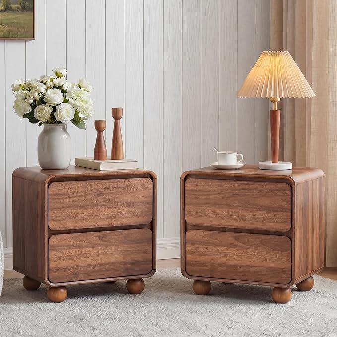Small Night Stand Set of 2, Mid Century Modern Nightstands with 2 Drawers and Solid Wood Legs, 2 Drawer Dresser Curved Profile Design End Table Side Table for Small Space, Dorm, Bedroom(Walnut) - Image 9