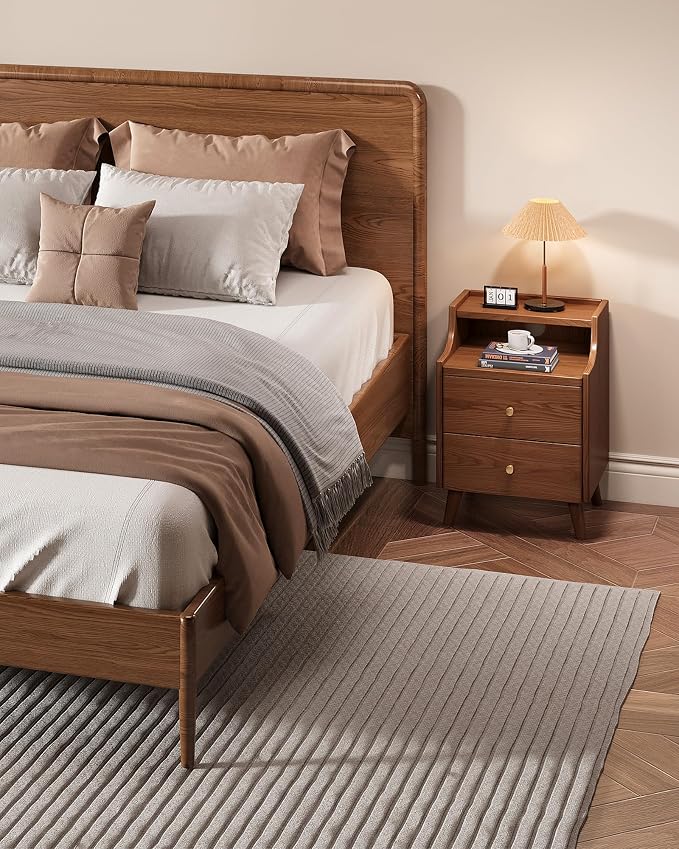 Wood Nightstand, 15.7" Wide Bedside Table with 2/3 Drawers and Large Storage, Solid Wood End Table with Open Shelf & Cable Hole, Modern Storage Cabinet, Walnut, Bedroom & Apartment - Image 7