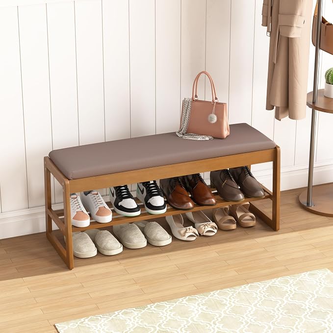 Shoe Storage Bench with Cushion - 2-Tier Shoe Rack Entryway Bench with Flip-Top Storage, Walnut Wooden Shoes Benches Organizer for Entryway, Hallway, Living Room, Bedroom, Closet(Walnut, 39.4" W) - Image 9
