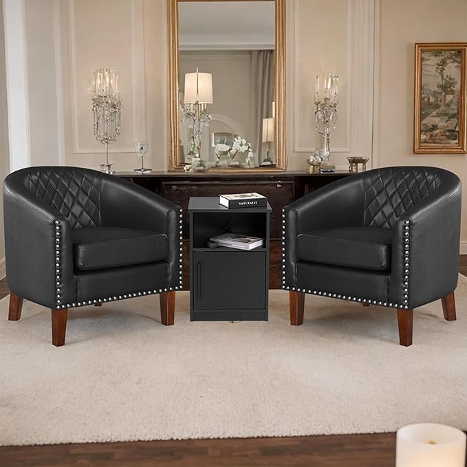 Prilinex Comfy Barrel Accent Chair - Faux Leather Living Room Chair Club Chair with Cushion, Diamond Grid Backrest & Nailhead Trim, Guest Chair for Office, Bedroom & Waiting Room, Black