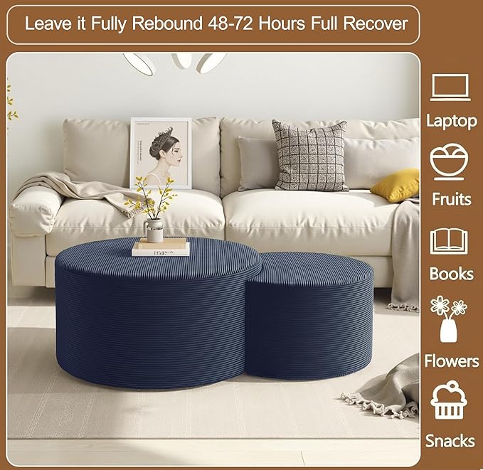 Nesting Coffee Table Set of 2, Upholstered Round Corduroy Circle Foam Round Side Table for Living Room, Entryway Set, 32"+17" Footrest No Assembly (Blue, 32"+17")