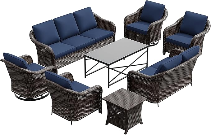 7 Pieces Patio Conversation Set, 78" Wicker 3-Seat Couch with Washable Cushions, 2 Glider Swivel Rocker Chairs, 2 Armchairs, Metal Table, Rattan Cat Bed End Table for Lawn (Navy Blue)
