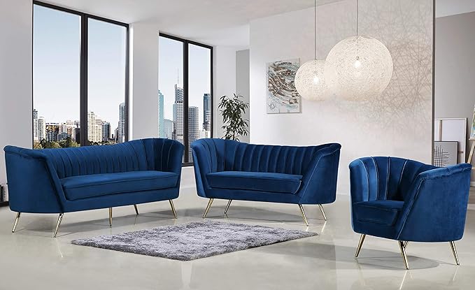 Meridian Furniture Margo Collection Modern | Contemporary Velvet Upholstered Sofa with Deep Channel Tufting and Rich Gold Stainless Steel Legs, Navy, 88" W x 30" D x 33" H