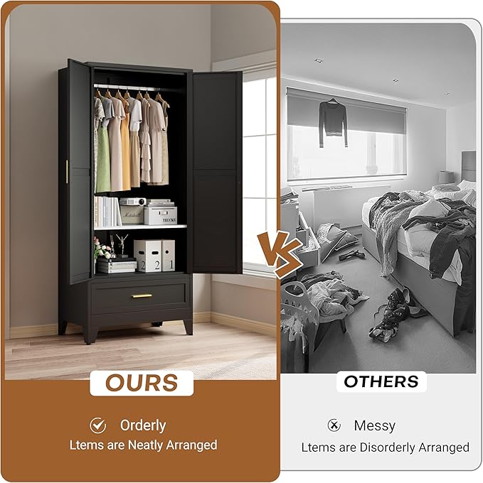 Metal Armoire Wardrobe Closet with 1 Drawer, 71" Wardrobe Cabinet with 1 Adjustable Shelf & 1 Hanging Rod for Bedroom, Black Metal Closet Storage Cabinet with 2 Doors & Drawers