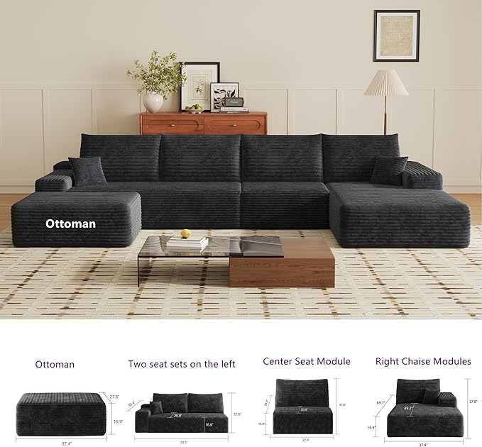37.4" Plush Corduroy Ottoman, Upholstered Cloud Ottoman for Boneless Couch in a Box, Modular Sectional Couches for Living Room, Compressed Memory Foam, No Assembly Require, Black