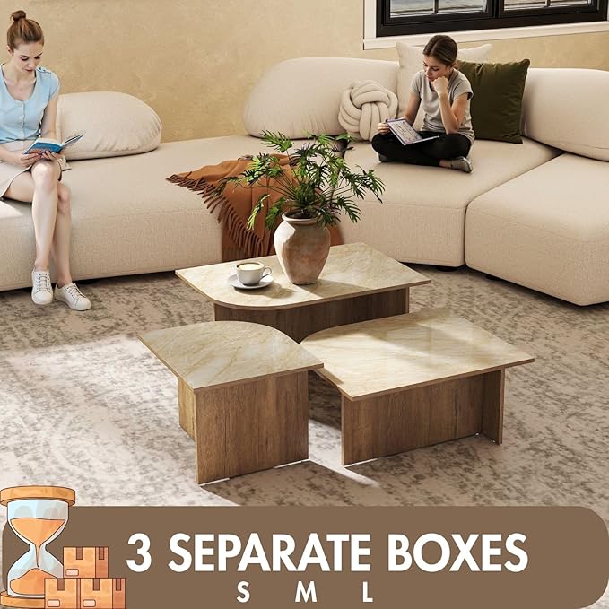 Set of 3 Nesting Coffee Tables, Modern Faux Marble Look Top Coffee Table Set with Wood Base, Versatile Stacking Accent Tables for Living Room, Small Spaces