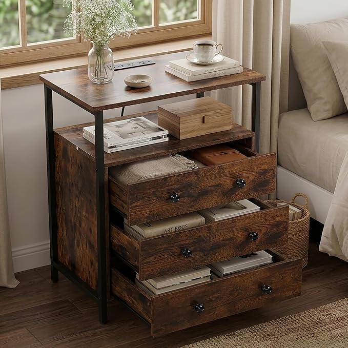Edbuosy 3 Wooden Drawers Night Stand, 27 Inch Wide Nightstand with Charging Station and Adjustable Drawers, Small Dresser for Closet, Bedside Table for Living Room/Bedroom/Office, Retro Brown. - Image 8