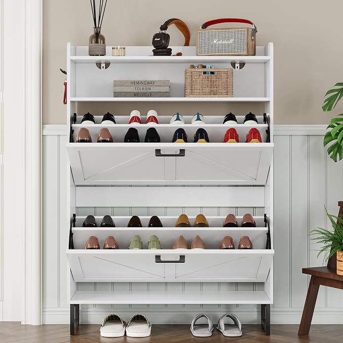 BORNOON Shoe Cabinet with 2 Flip Drawers Narrow Shoe Storage Cabinet Organizer Wooden Freestanding Shoe Rack Hidden Slim Shoes Storage Cabinet for Entryway, Hallway, Bedroom - Image 7