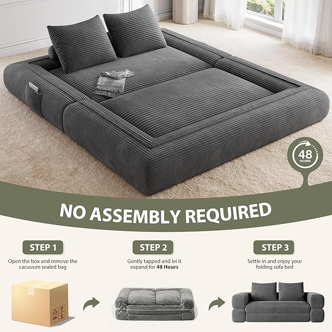 4-in-1 Convertible Folding Sofa Bed, 76 Inch Queen Size Foldable Sleeper Sofa Bed, Wide Corduroy Upholstery, Boneless Mattress Couch with Armrests & Neck Pillow for Living/Bedroom - Grey