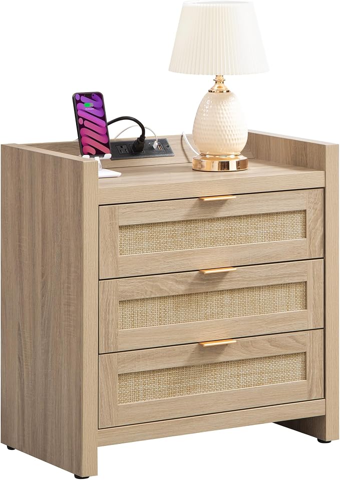 SICOTAS Rattan Nightstand Bedside Table - Larger Night Stand with Type-C Charging Station, 3 Drawers Storage - Boho Night Stands End Table for Bedroom - Light Oak - Image 9