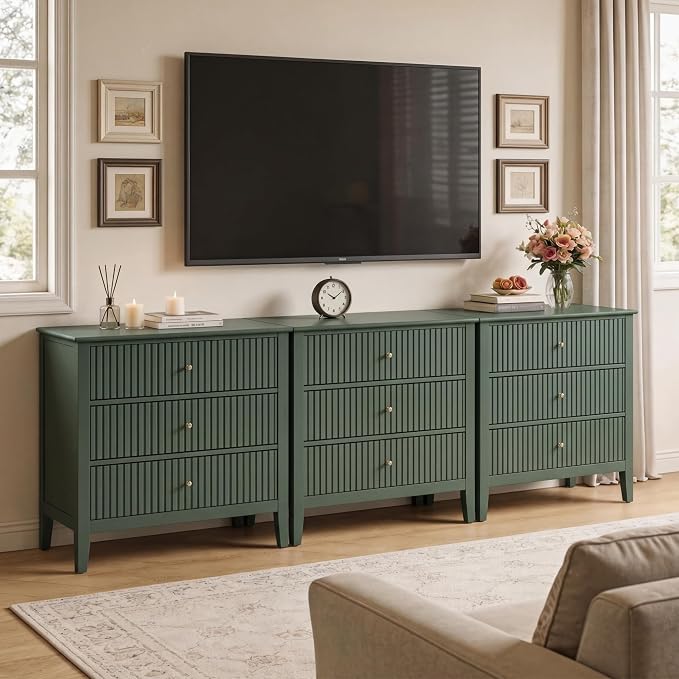 RoyalCraft Fluted 3 Drawer Dresser, 32 inch Wide Dresser Nightstand for Bedroom, Modern Wood Chest of Drawers, Large Painted Nightstand with 3 Drawers for Closet, Hallway, Entryway, Dark Green - Image 8