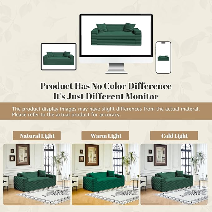75" Cloud Loveseat Sofa, 26" Deep Seat Boneless Couches for Living Room, Modern 3 Seater Sofa with Throw Pillows, Corduroy Compression Sofa in Box, No Assembly Couch for Bedroom, Dorm, Dark Green
