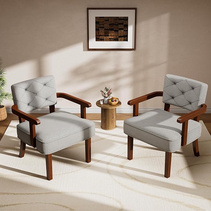 Versatile Side Arm Chair, Small Modern Accent Chair, Upholstered Wooden Armchair, Corner Chair with Arm Rest,Tufted Backrest, Cushion, for Office,Waiting/Reading/Living Room, Grey
