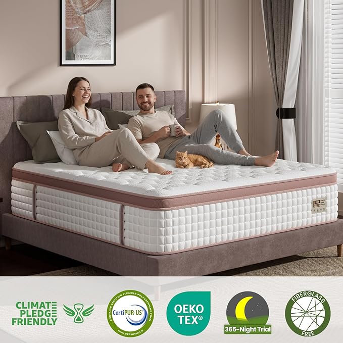 Queen Mattress 12 Inch, Extra Firm Orthopedic Hybrid Mattresses in a Box for Spinal Alignment & Back Pain Relief, Motion Isolation, CertiPUR-US & Fiberglass-Free, 365-Night Trial