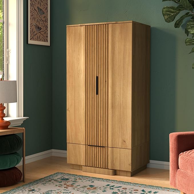 Yechen 67" Fluted Armoire Wardrobe Closet Set of 2 with Doors and Drawer, Wooden Wardrobe Closet Cabinet with Adjustable Shelve, Modern Small Armoires Storage Clothes, Coats for Bedroom, Natural, 2pcs