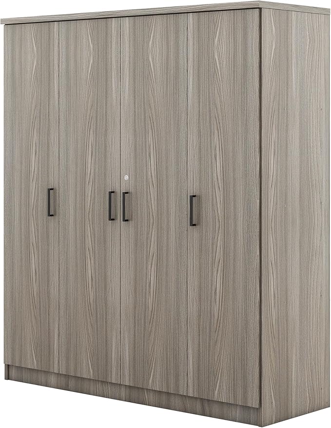 67.9" H Large Wardrobe Closet with 4 Doors, Freestanding Armoire Wardrobe Closet with Locking Drawer, Shelves and Hanging Rod, Wooden Bedroom Coat Closets Cabinet for Clothes, Gray