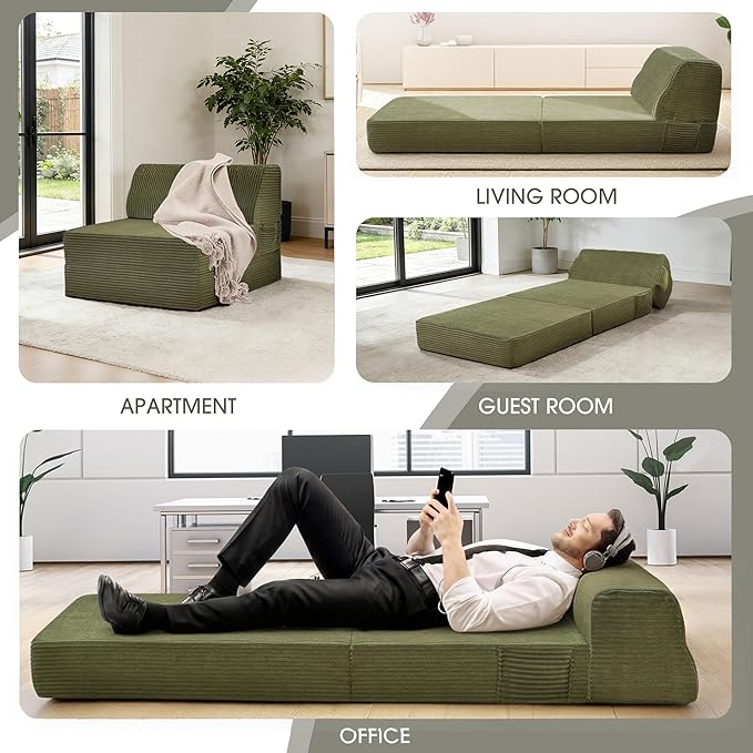 Folding Sofa Bed with Pillow, Memory Foam Fold Out Chair Bed, Convertible Sleeper Chair with Washable Cover, Futon Floor Couch for Living Room/Dorm/Guest Use/Home Office/Apartment, Green
